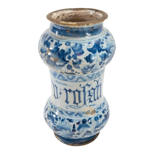 17th Century Italian Blue and White Majolica Maiolica Faience Albarello Drug Jar For Sale