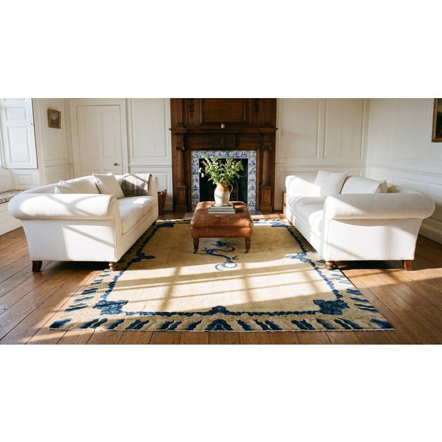 1890s Ivory Blue Tan Antique Chinese Peking Dragon Carpet 8' X 9'8" Wool Rug For Sale - Image 14 of 14