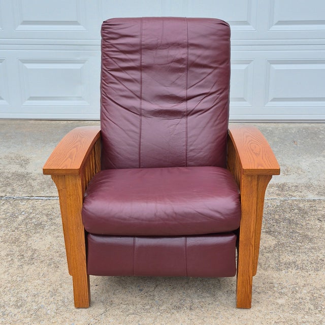 Mission 2002 BarcaLounger Mission Arts & Crafts Style Leather and Oak Manual Recliner Arm Chair For Sale - Image 3 of 14