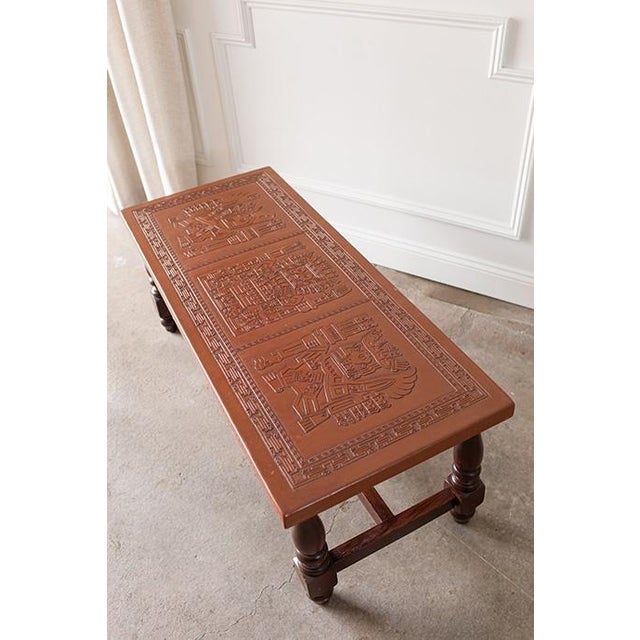 Mid Century Peruvian Hand Tooled Leather Coffee Table or Bench For Sale - Image 9 of 14