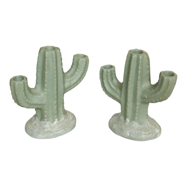 Green Ceramic Saguaro Cactus Candlestick Holders, a Pair For Sale