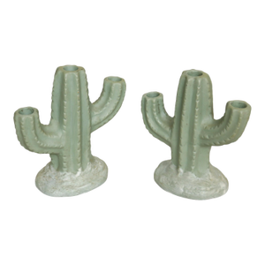 Green Ceramic Saguaro Cactus Candlestick Holders, a Pair