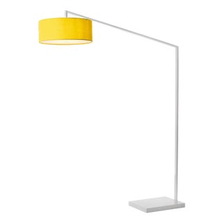 Stretch 87"h 1-Light Arc Lamp, Mustard Linen Shade, White Body, Dimmable, for Living Room or Bedroom For Sale