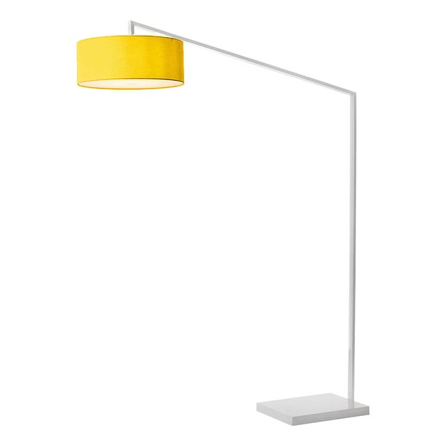 Stretch 87"h 1-Light Arc Lamp, Mustard Linen Shade, White Body, Dimmable, for Living Room or Bedroom For Sale