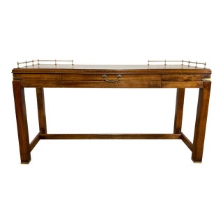 Vintage Walnut Lane Console Table or Desk With Campaign Hardware For Sale