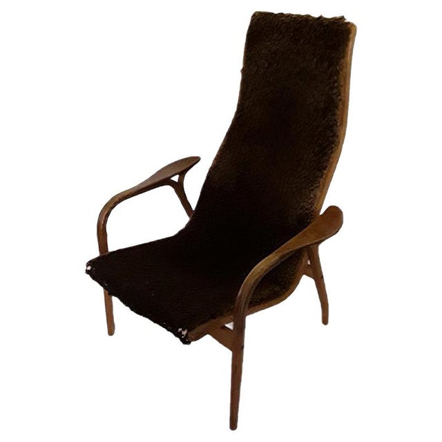 Vintage Swedish Oak Plywood, Linen & Brown Plush Armchair by Yngve Ekström for Swedese, 1965 For Sale - Image 13 of 13