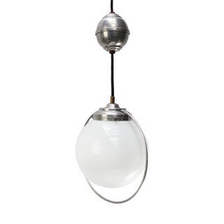 French Adjustable Metal Pendant Lamp with White Opaline Globe, 1950s For Sale