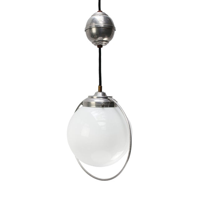 French Adjustable Metal Pendant Lamp with White Opaline Globe, 1950s For Sale
