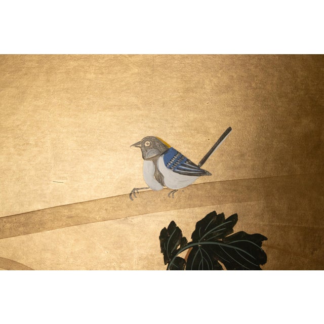 Goldenrod "Tit and Chrysanthemums", 1970s Shōwa Era Japanese Byobu Screen For Sale - Image 8 of 18