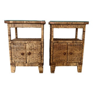 Vintage Rattan Nightstands with Custom Glass Top, Pair For Sale