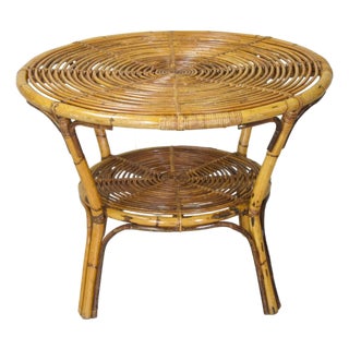 Vintage Round Two-Tier Coffee Table in Bamboo and Rattan by Tito Agnoli, Italy, 1960s For Sale