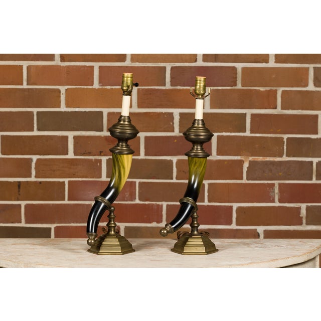Late 20th Century 1970s Chapman Faux Horn and Brass Table Lamps - a Pair For Sale - Image 5 of 12
