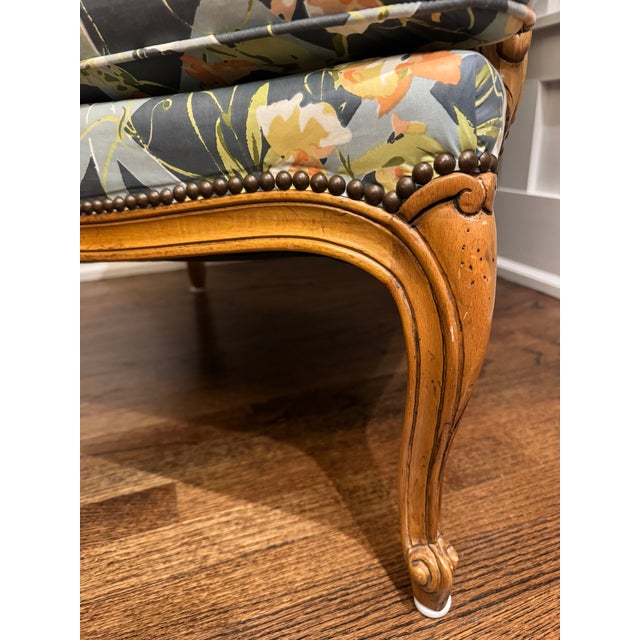 Baker Furniture French Provincial Wingback Bergère & Ottoman in Floral Trellis Print For Sale - Image 10 of 12