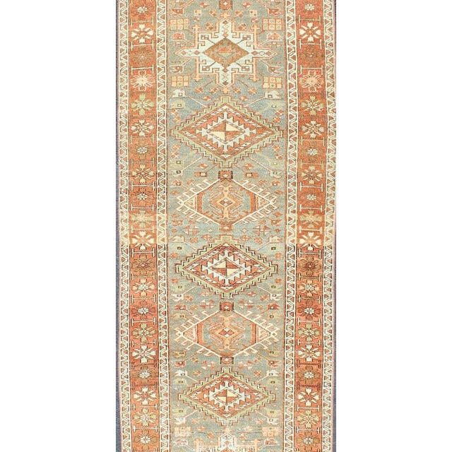 Tribal Antique Persian Heriz Runner With Geometric Medallion and Soft Colors 3'0 X 13'4 For Sale - Image 3 of 12