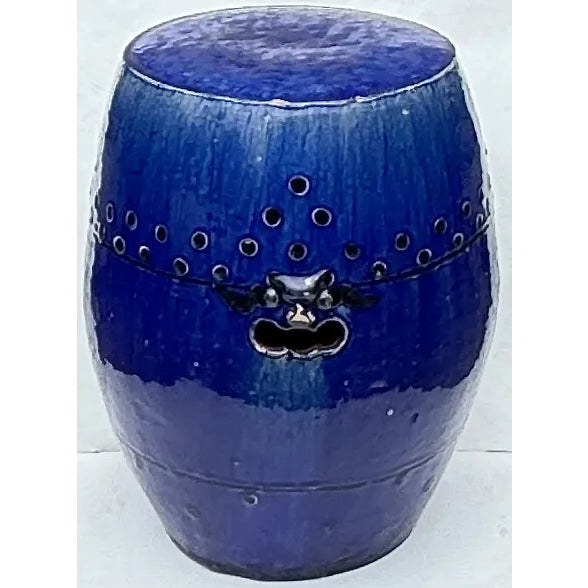 Chinoiserie Ceramic Garden Seat Antique Chinese Blue Glazed Terracotta For Sale - Image 3 of 9