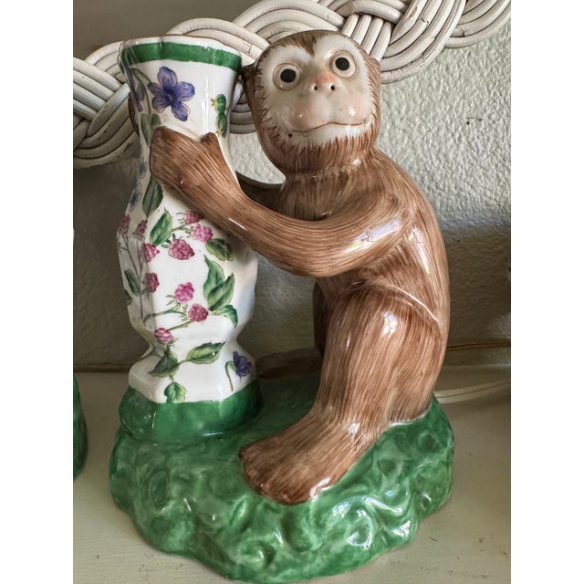 Antique Pair of Early Export Chinoiserie Ceramic Monkey Vase/Candlestick Holders For Sale - Image 11 of 12