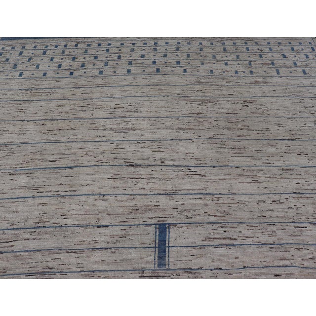 Textile Modern Hand-Knotted Rug in Wool With Sub-Geometric Design in Blue and Cream 10'6 X 14'2 For Sale - Image 7 of 12