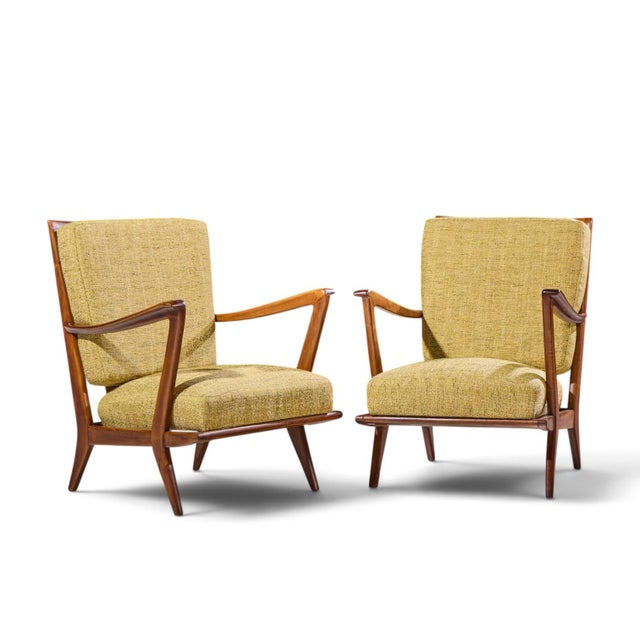 Gio Ponti for Cassina Model 516 Mid Century Walnut Lounge Chairs - Pair Each chair measures: 24.5 wide x 29.5 deep x 31.5...