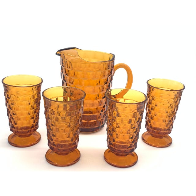 Indiana Glass Company 1960s Indiana Whitehall Amber Colony Cubist Beverage Set - Set of 5 For Sale - Image 4 of 5