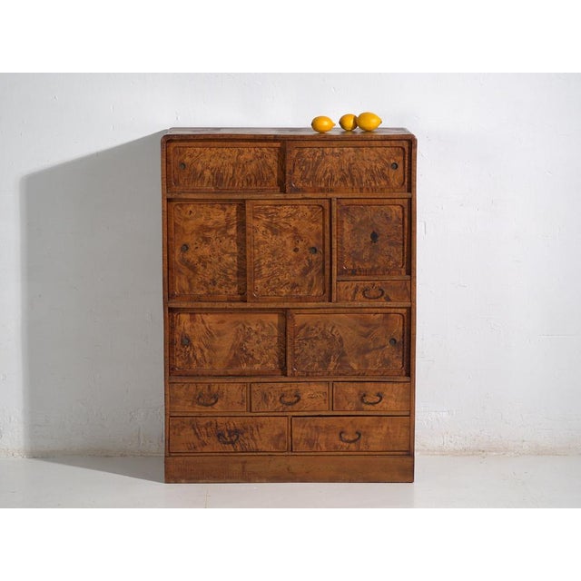 Antique Japanese mizuya-dansu kitchen cabinet made with keyaki burl veneer (Japanese zelkova), dating from the late Taisho...