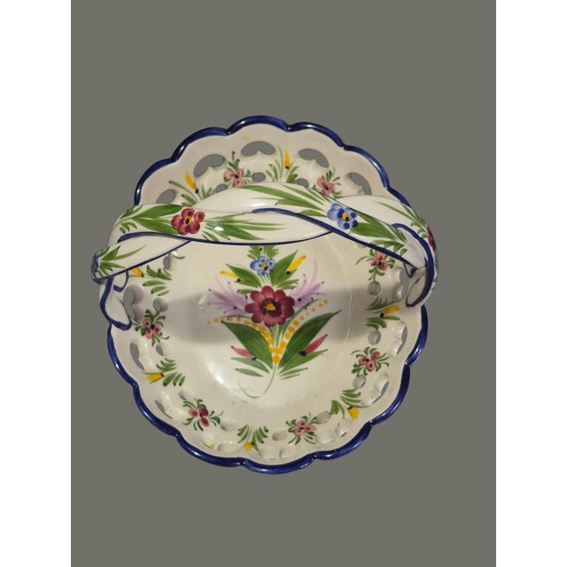Vintage Portugal Hand-Painted Floral Basket Heart Open Work Braided Handle Made for Lord & Taylor For Sale - Image 4 of 8