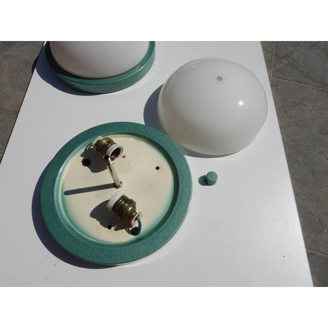 1940s Industrial Metalic Green Lacquered Ceiling Lamp in White Opaline Glass, 1940s For Sale - Image 5 of 12