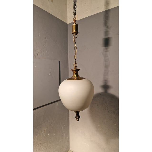 Metal Brass Chandelier with Apple-Shaped Milk Glass, 1950s For Sale - Image 7 of 9