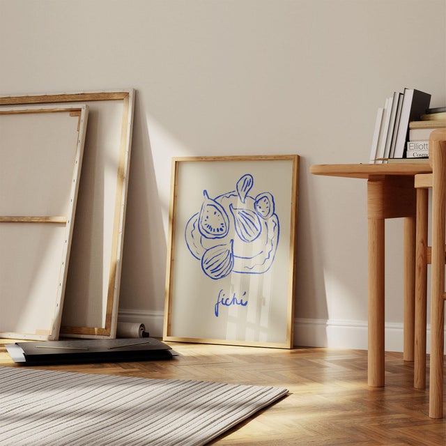 Abstract open edition giclee print. 20"x28" Elegant vivid blue lines naive drawing of plate with figs on beige background....