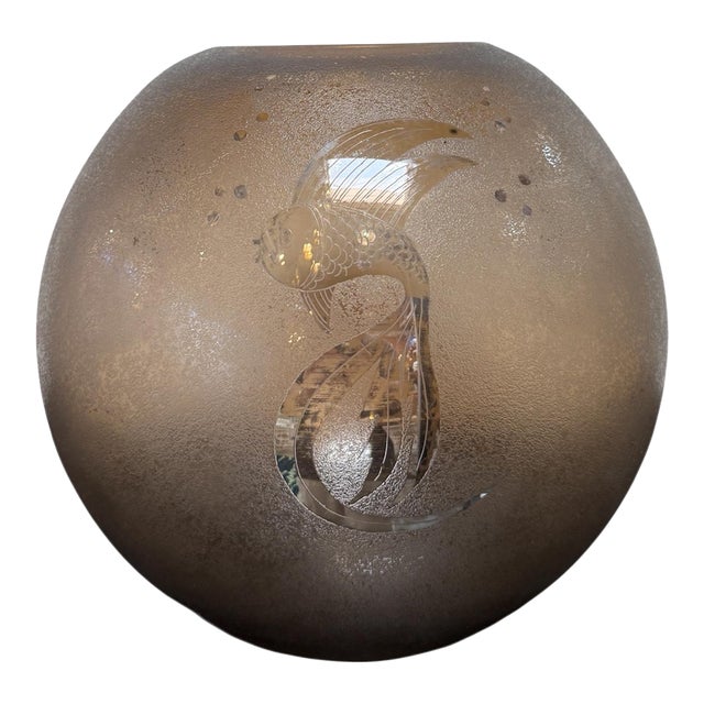Italian Smoky Murano Glass Vase With Etched Fish Motif, 1970s For Sale