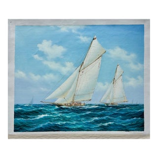 Original Maritime Watercolor Painting, Classic Sailboat Regatta Scene, Unstretched, by Thomas For Sale