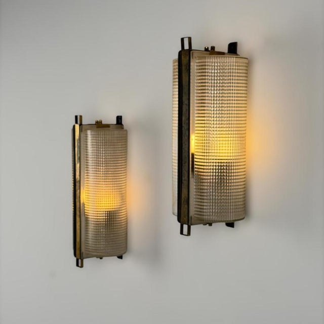 Large Brass and Pressed Glass Sconces by Jacques Adnet, France, 1960s, Set of 2 For Sale - Image 4 of 18