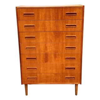 Mid-Century Danish Modern Teak Tallboy Dresser | Chest of Drawers With Carved Pulls For Sale