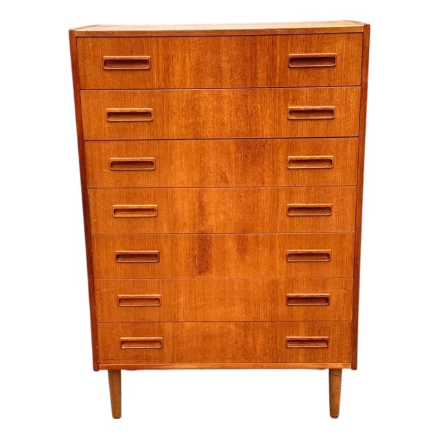 Mid-Century Danish Modern Teak Tallboy Dresser | Chest of Drawers With Carved Pulls For Sale