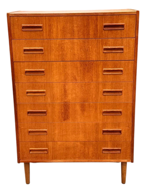 Mid-Century Danish Modern Teak Tallboy Dresser | Chest of Drawers With Carved Pulls