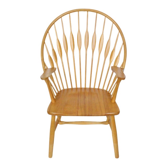 1970s Vintage Hans Wegner Style Ash Peacock Arm Chair For Sale