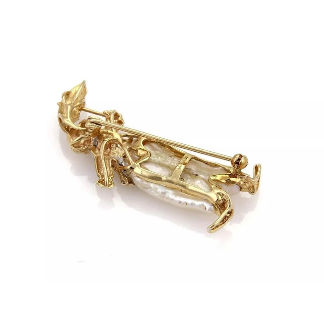 Diamond Baroque Pearls 14k Gold Clown With Umbrella Brooch Pin For Sale - Image 4 of 5