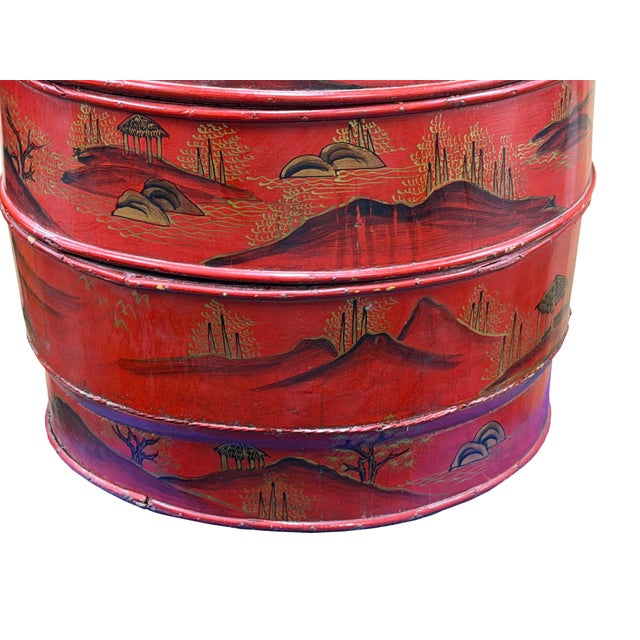 Vintage Chinese Red Golden Scenery Graphic Round Wood Stack Basket Table For Sale - Image 12 of 12