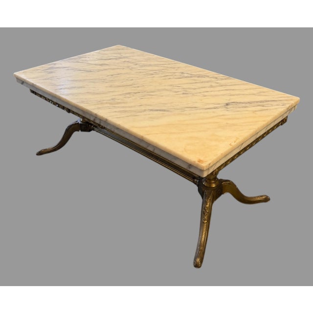 Vintage Marble Top Coffee Table w/ Brass Base Hollywood Regency Neoclassical Description: Add timeless elegance to your...