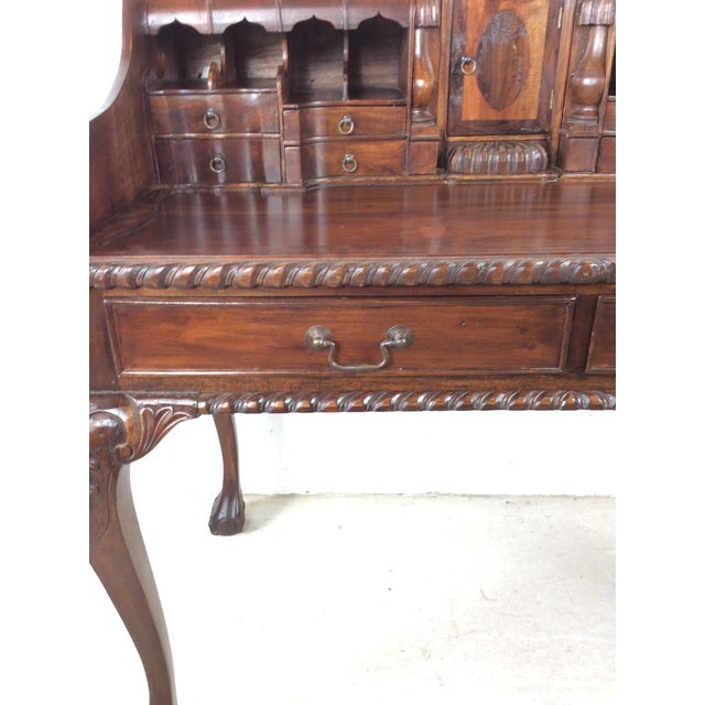 Vintage Walnut Chippendale Style Open Front Writing Desk With Brass Hardware For Sale - Image 10 of 18