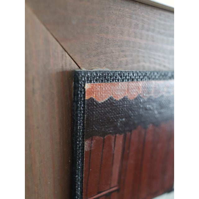 Red Mid-Century Modern 'The White Doors' Vintage Original Street Scene Oil Painting, Framed For Sale - Image 8 of 13