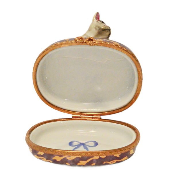Blue Vintage Rochard Limoges French Bulldog & Ring Cushion Porcelain Trinket Box – Circa Late 20th Century For Sale - Image 8 of 11