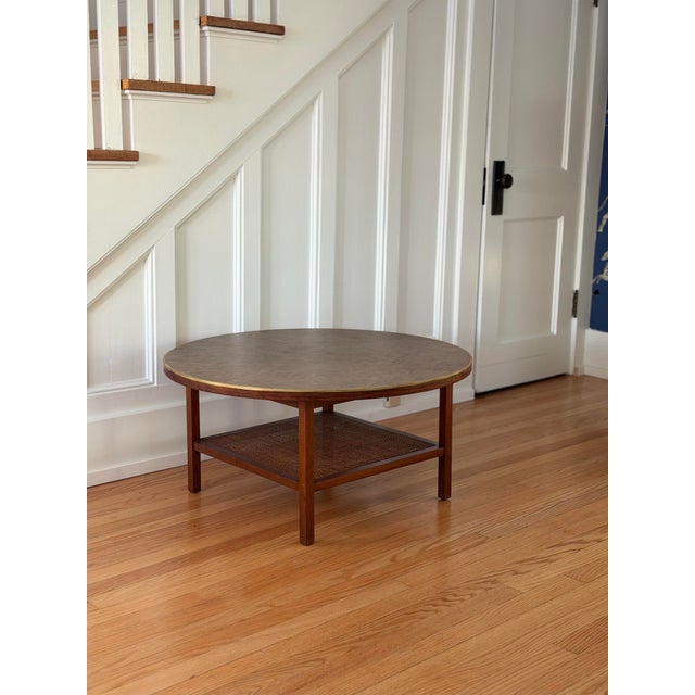 1950s Mid Century Modern Paul McCobb Walnut Wood & Cane Round Coffee Table For Sale - Image 12 of 14
