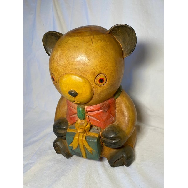 1980s Vintage Handmade Wood Gift Bear For Sale - Image 5 of 9