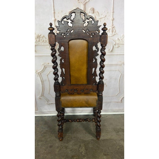 Set of 6 Antique Jacobean Hunt Chairs in Heavily Carved Oak With Cognac Leather For Sale - Image 14 of 18