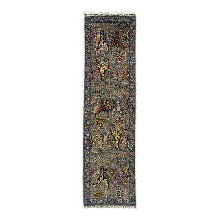 Gray & Blue Chobi Wool Runner Rug, Persian Bijar Floral Design, 2′7″ × 9′8″ For Sale