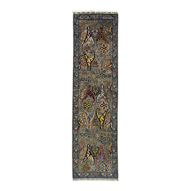Gray & Blue Chobi Wool Runner Rug, Persian Bijar Floral Design, 2′7″ × 9′8″ For Sale