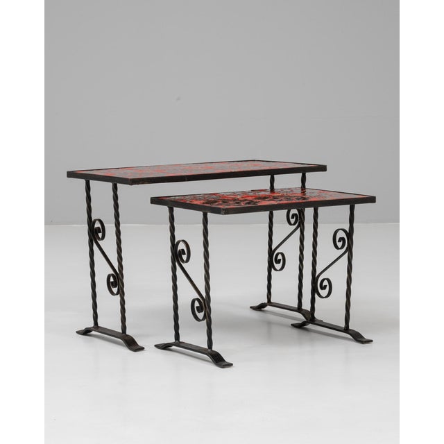 20th Century French Iron Nesting Tables With Ceramic Tops - A Pair For Sale In Greensboro - Image 6 of 18