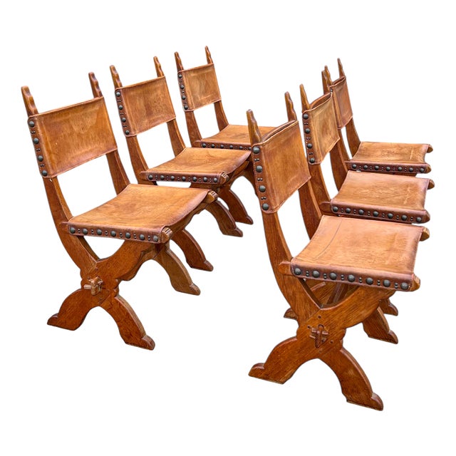 Dutch Brutalist Oak and Leather X-Frame Dining Chairs by Bram Sprij, 1960s, Set of 6 For Sale