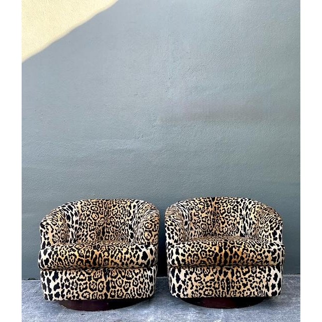 Mid-Century Modern Vintage Thayer Coggin Tufted Leopard Velvet Swivel Chairs - A Pair For Sale - Image 3 of 12