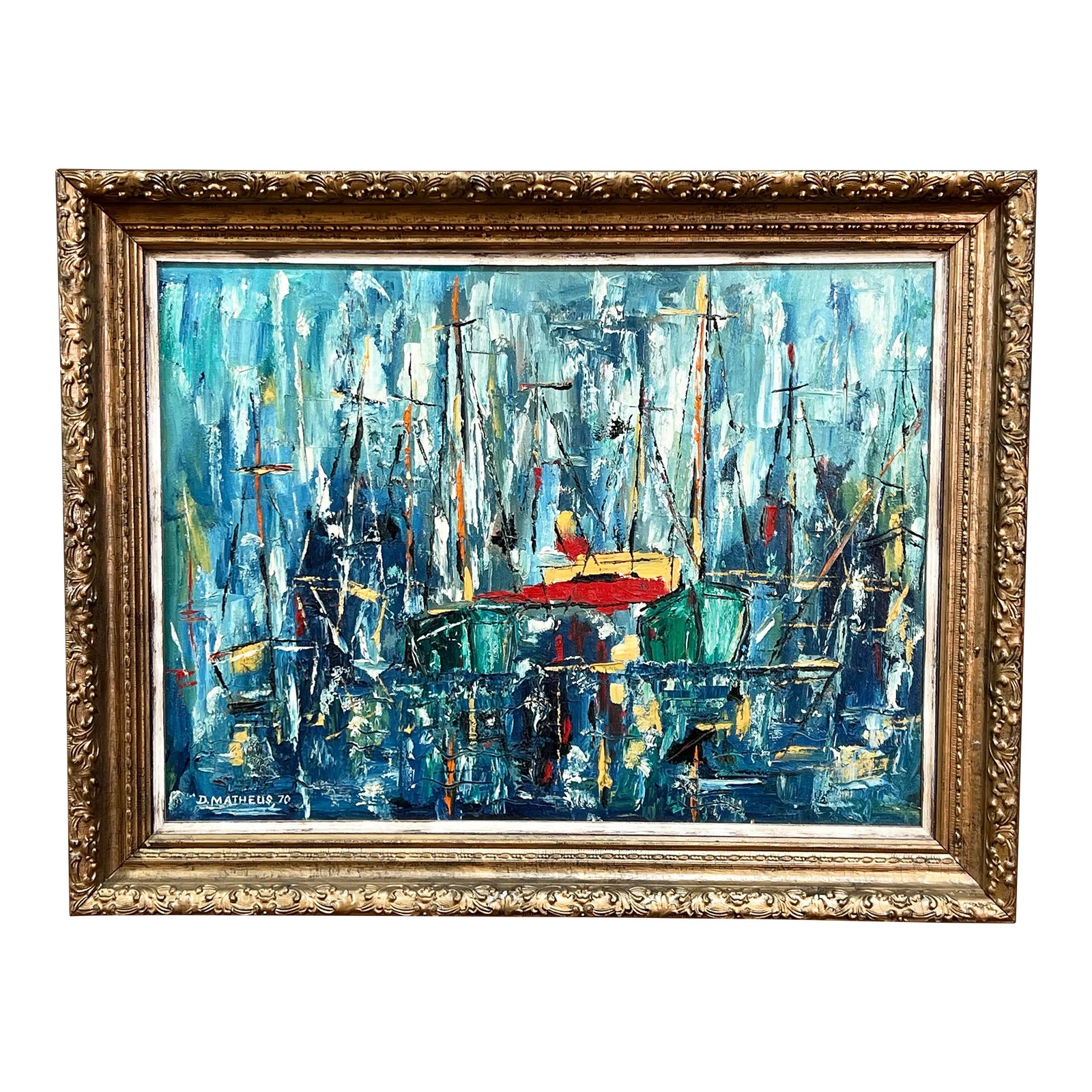 Vintage Mid Century Modern Oil on Canvas Abstract Sailboats Framed Painting